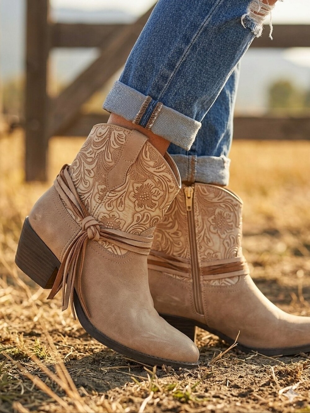 Dingo Valerie Tan Tooled Floral Western Booties Cowboy Boots Fringe Size 7.5